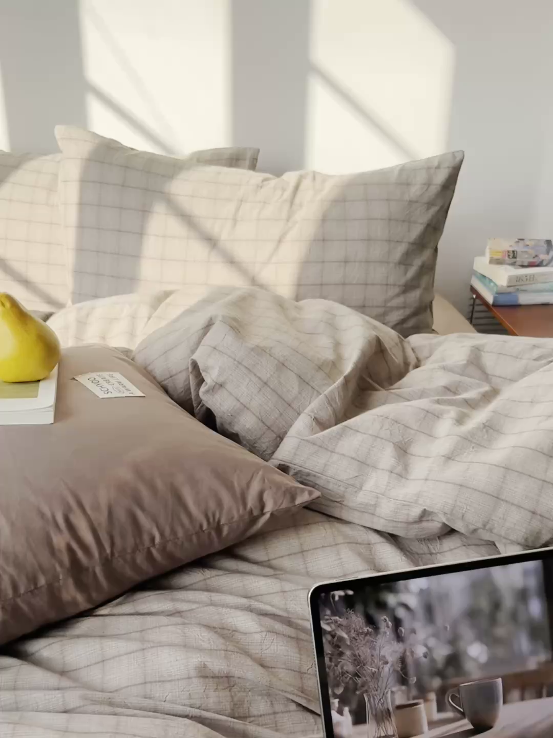 91家纺网 家纺一手货源 找家纺 六巷胡同 2026新款INS博主风A类全棉纯棉色织水洗棉格子四件套 悦野-灰格