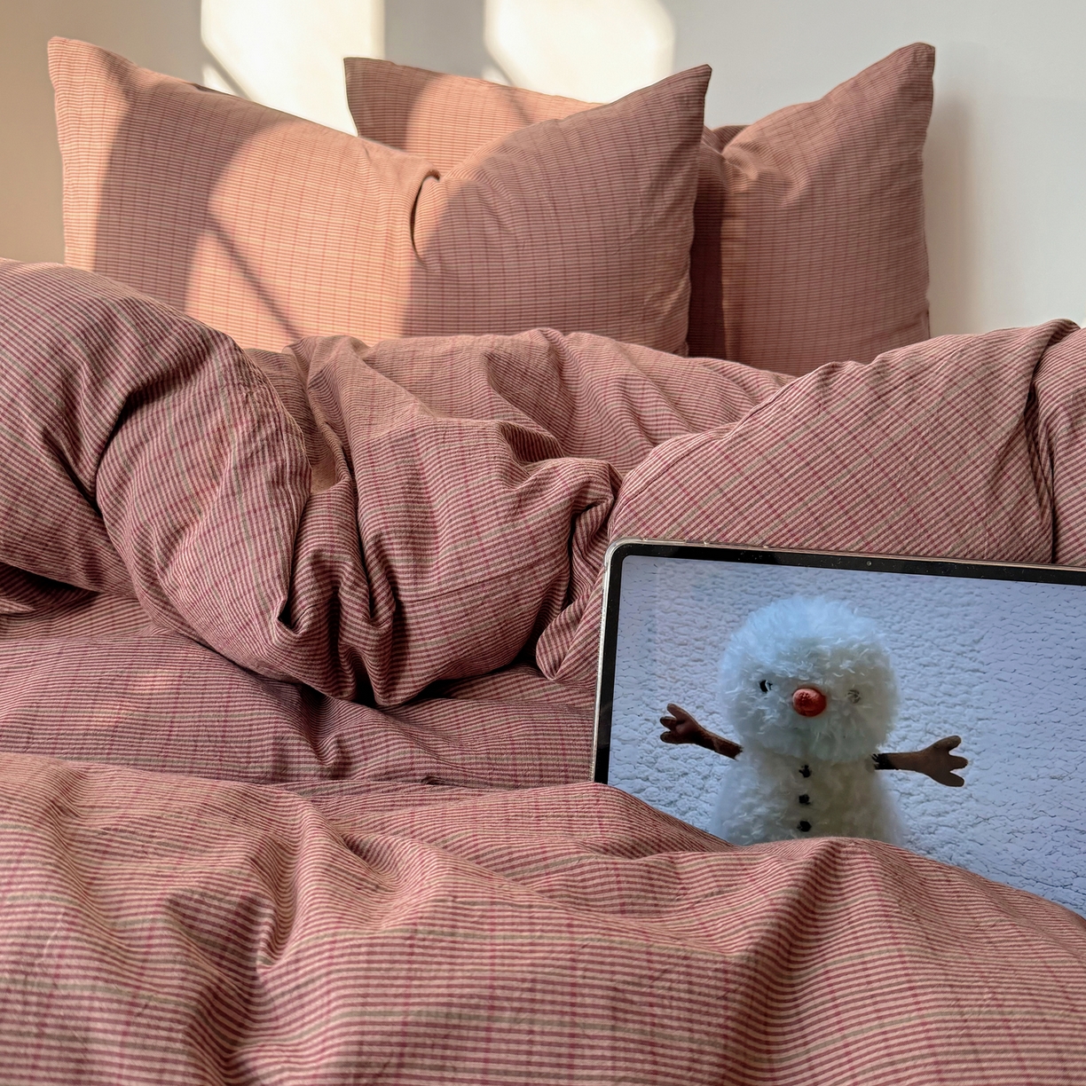 91家纺网 家纺一手货源 找家纺 六巷胡同 2026新款INS博主风A类全棉纯棉色织水洗棉格子四件套 逐风-红格