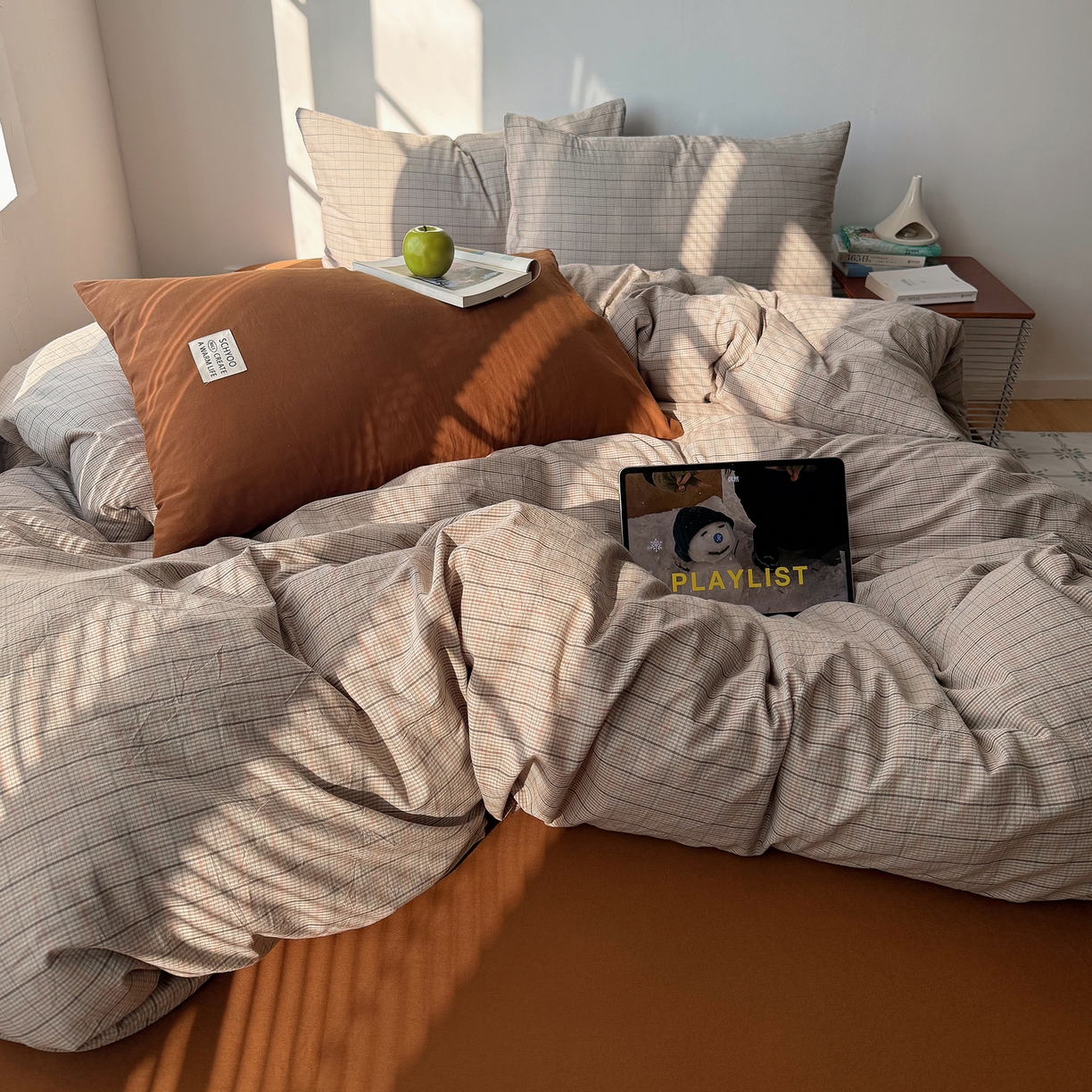 91家纺网 家纺一手货源 找家纺 六巷胡同 2026新款INS博主风A类全棉纯棉色织水洗棉格子四件套 逐风-灰格