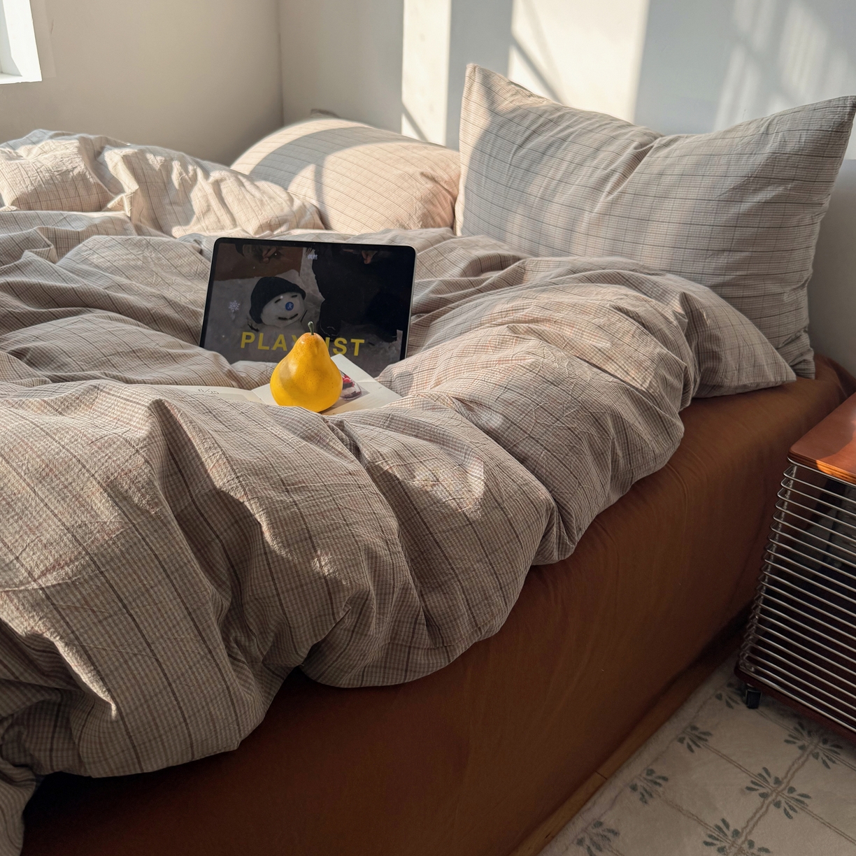 91家纺网 家纺一手货源 找家纺 六巷胡同 2026新款INS博主风A类全棉纯棉色织水洗棉格子四件套 逐风-灰格