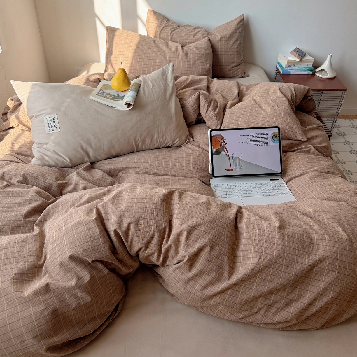 91家纺网 家纺一手货源 找家纺 六巷胡同 2026新款INS博主风A类全棉纯棉色织水洗棉格子四件套 逐风-咖格