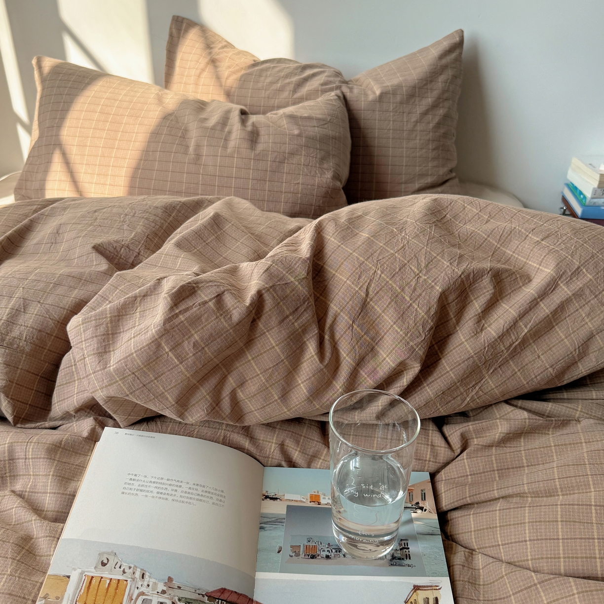 91家纺网 家纺一手货源 找家纺 六巷胡同 2026新款INS博主风A类全棉纯棉色织水洗棉格子四件套 逐风-咖格