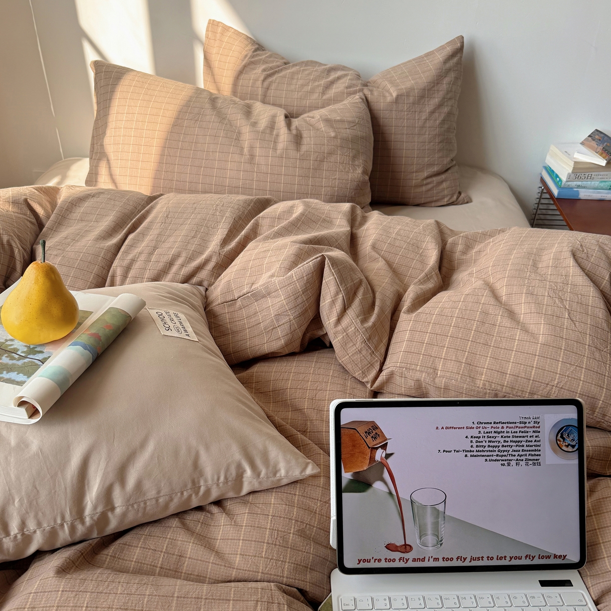 91家纺网 家纺一手货源 找家纺 六巷胡同 2026新款INS博主风A类全棉纯棉色织水洗棉格子四件套 逐风-咖格