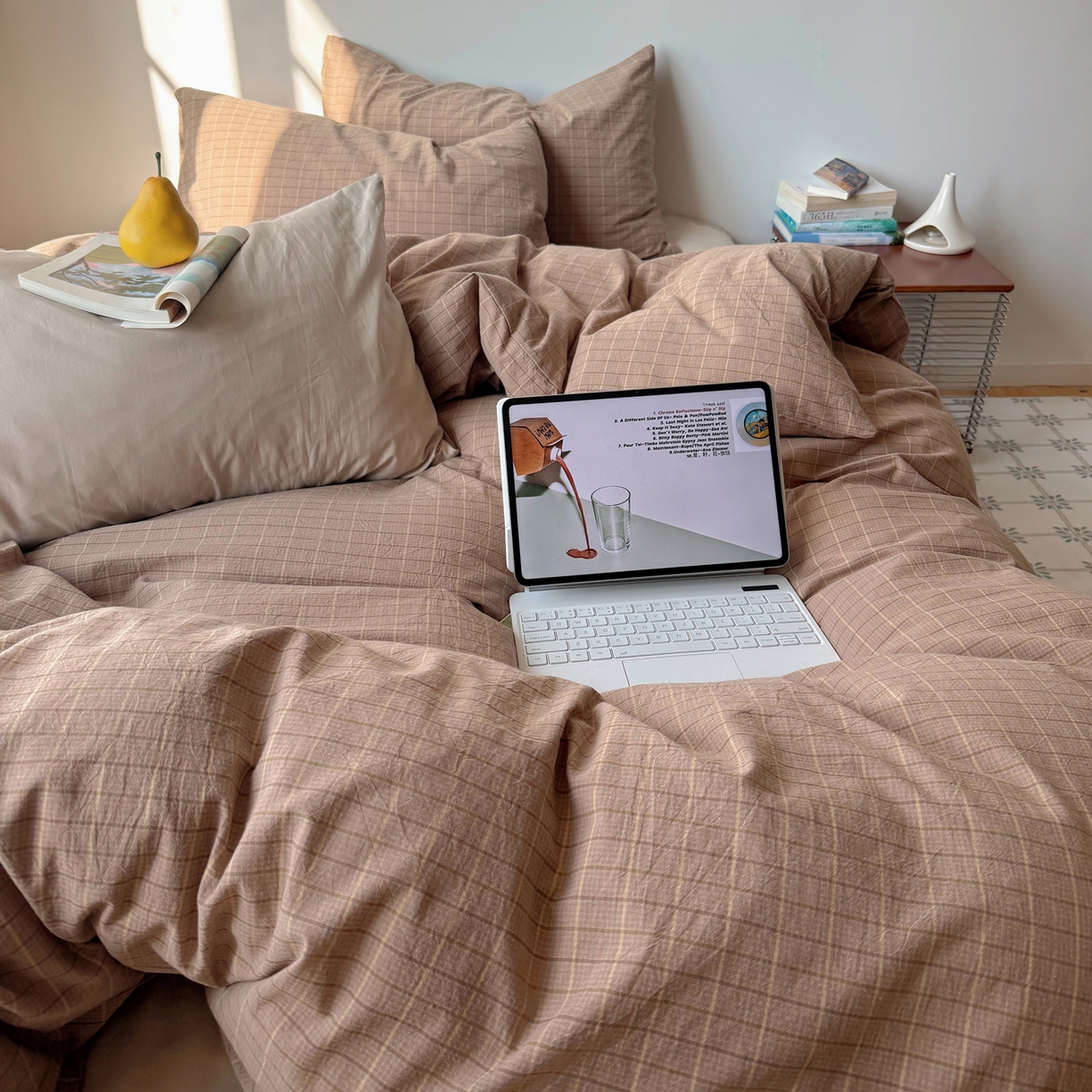 91家纺网 家纺一手货源 找家纺 六巷胡同 2026新款INS博主风A类全棉纯棉色织水洗棉格子四件套 逐风-咖格