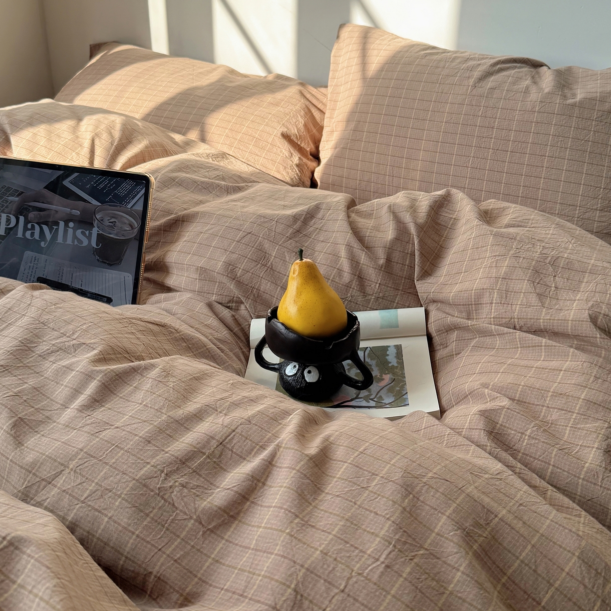 91家纺网 家纺一手货源 找家纺 六巷胡同 2026新款INS博主风A类全棉纯棉色织水洗棉格子四件套 逐风-咖格