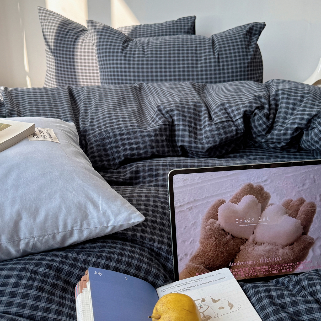 91家纺网 家纺一手货源 找家纺 六巷胡同 2026新款INS博主风A类全棉纯棉色织水洗棉格子四件套 追光-蓝格