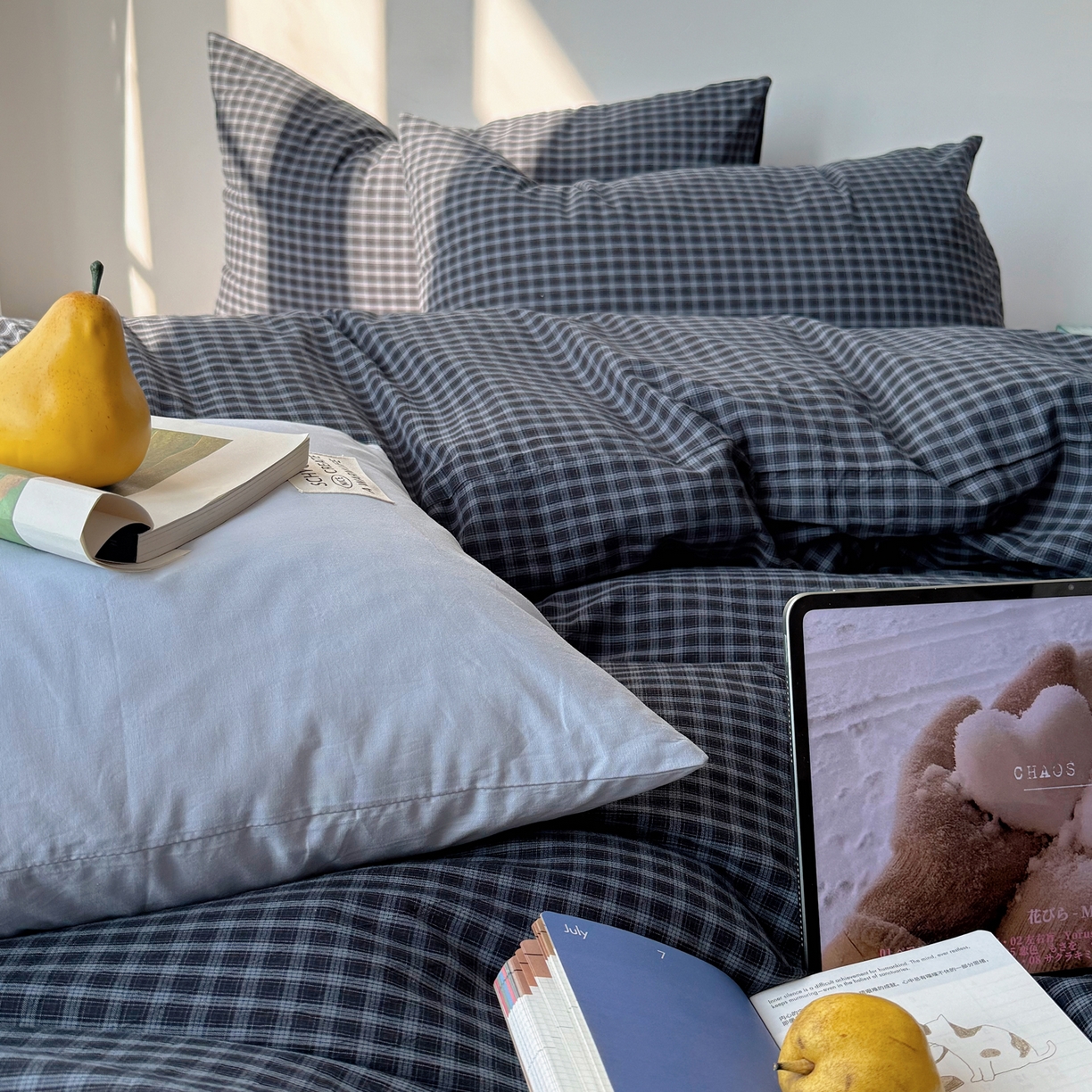 91家纺网 家纺一手货源 找家纺 六巷胡同 2026新款INS博主风A类全棉纯棉色织水洗棉格子四件套 追光-蓝格