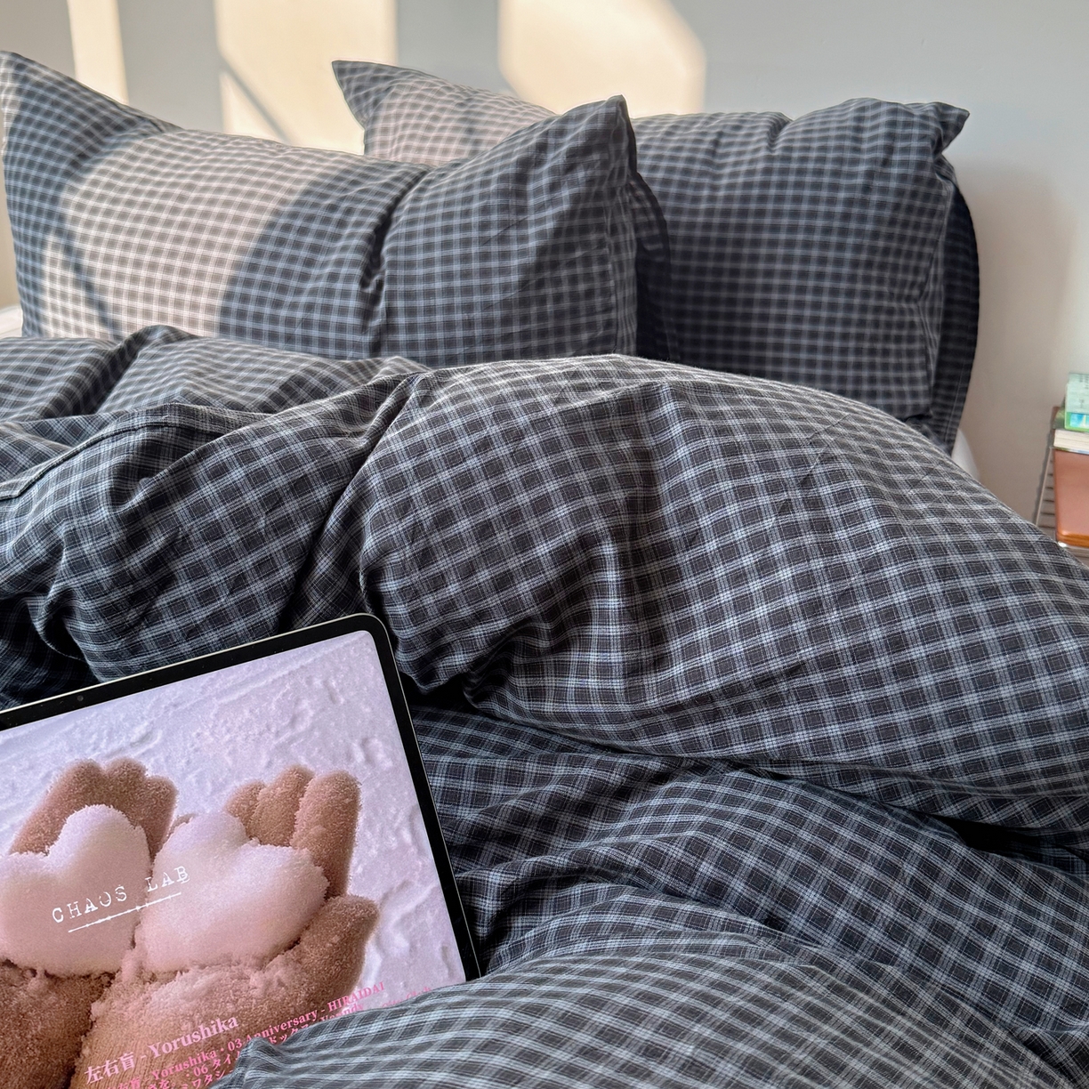 91家纺网 家纺一手货源 找家纺 六巷胡同 2026新款INS博主风A类全棉纯棉色织水洗棉格子四件套 追光-蓝格