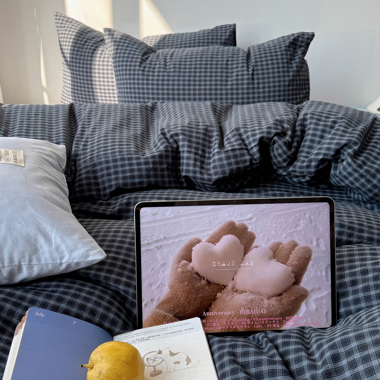 91家纺网 家纺一手货源 找家纺 六巷胡同 2026新款INS博主风A类全棉纯棉色织水洗棉格子四件套 追光-蓝格