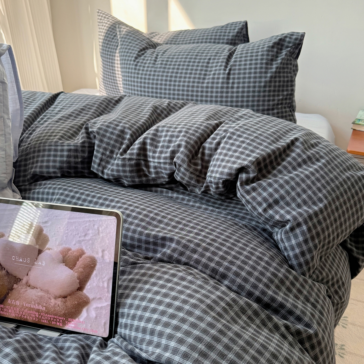 91家纺网 家纺一手货源 找家纺 六巷胡同 2026新款INS博主风A类全棉纯棉色织水洗棉格子四件套 追光-蓝格