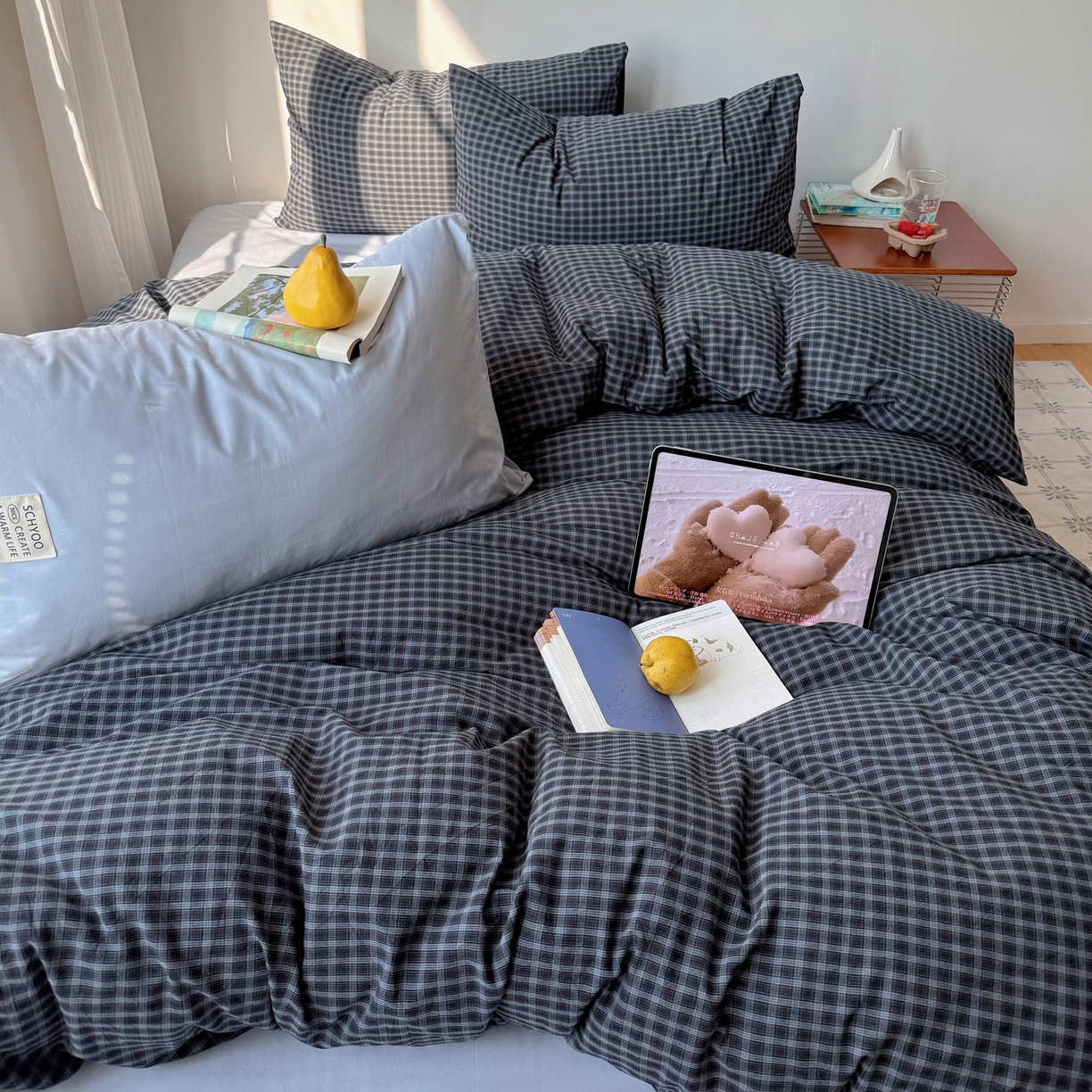 91家纺网 家纺一手货源 找家纺 六巷胡同 2026新款INS博主风A类全棉纯棉色织水洗棉格子四件套 追光-蓝格