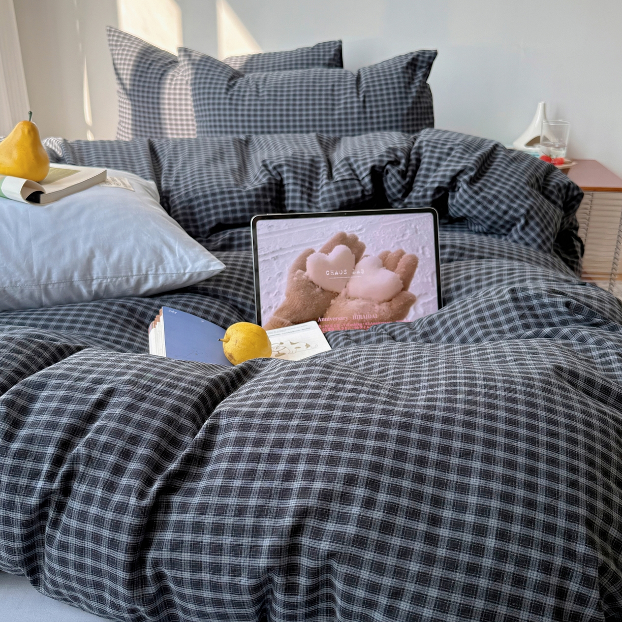 91家纺网 家纺一手货源 找家纺 六巷胡同 2026新款INS博主风A类全棉纯棉色织水洗棉格子四件套 追光-蓝格