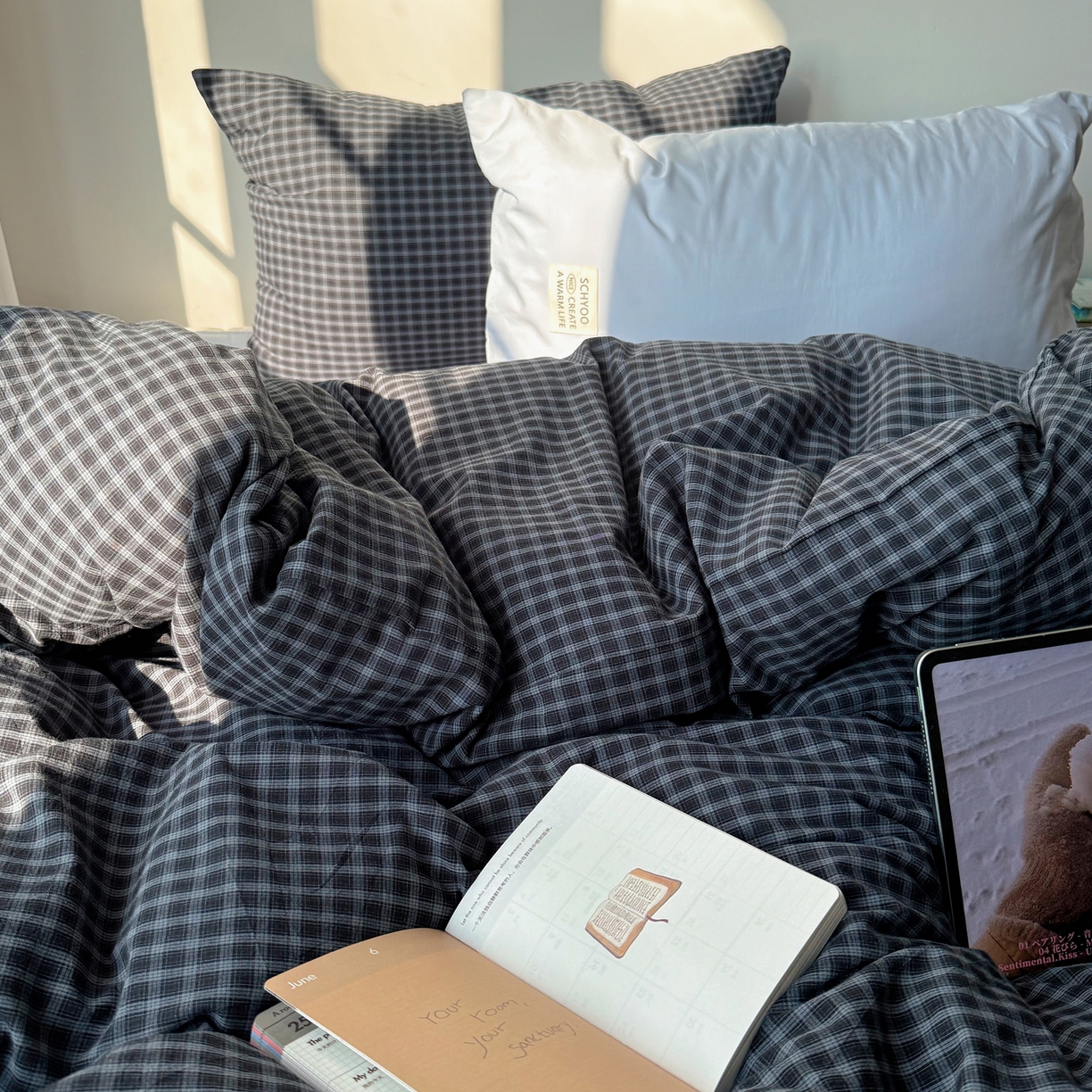 91家纺网 家纺一手货源 找家纺 六巷胡同 2026新款INS博主风A类全棉纯棉色织水洗棉格子四件套 追光-蓝格