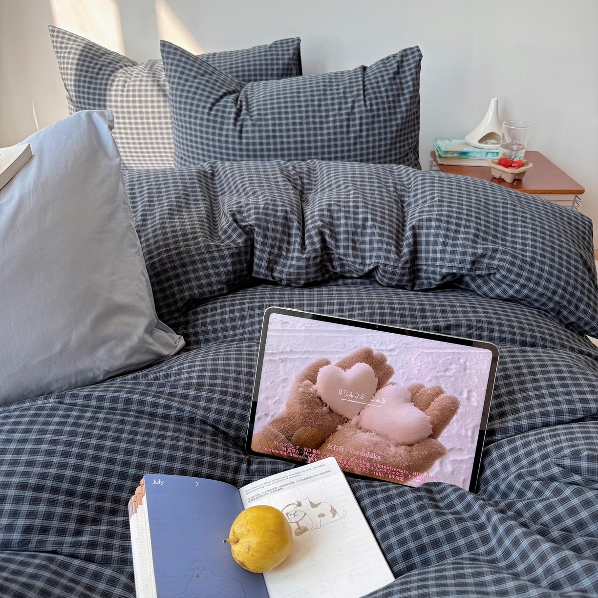 91家纺网 家纺一手货源 找家纺 六巷胡同 2026新款INS博主风A类全棉纯棉色织水洗棉格子四件套 追光-蓝格