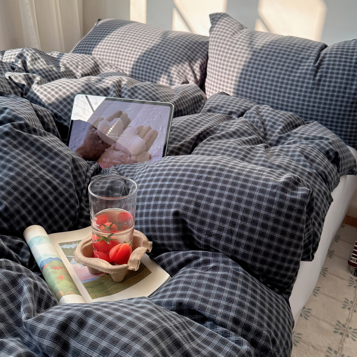 91家纺网 家纺一手货源 找家纺 六巷胡同 2026新款INS博主风A类全棉纯棉色织水洗棉格子四件套 追光-蓝格