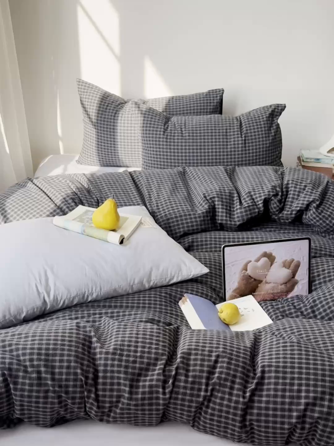 91家纺网 家纺一手货源 找家纺 六巷胡同 2026新款INS博主风A类全棉纯棉色织水洗棉格子四件套 追光-蓝格