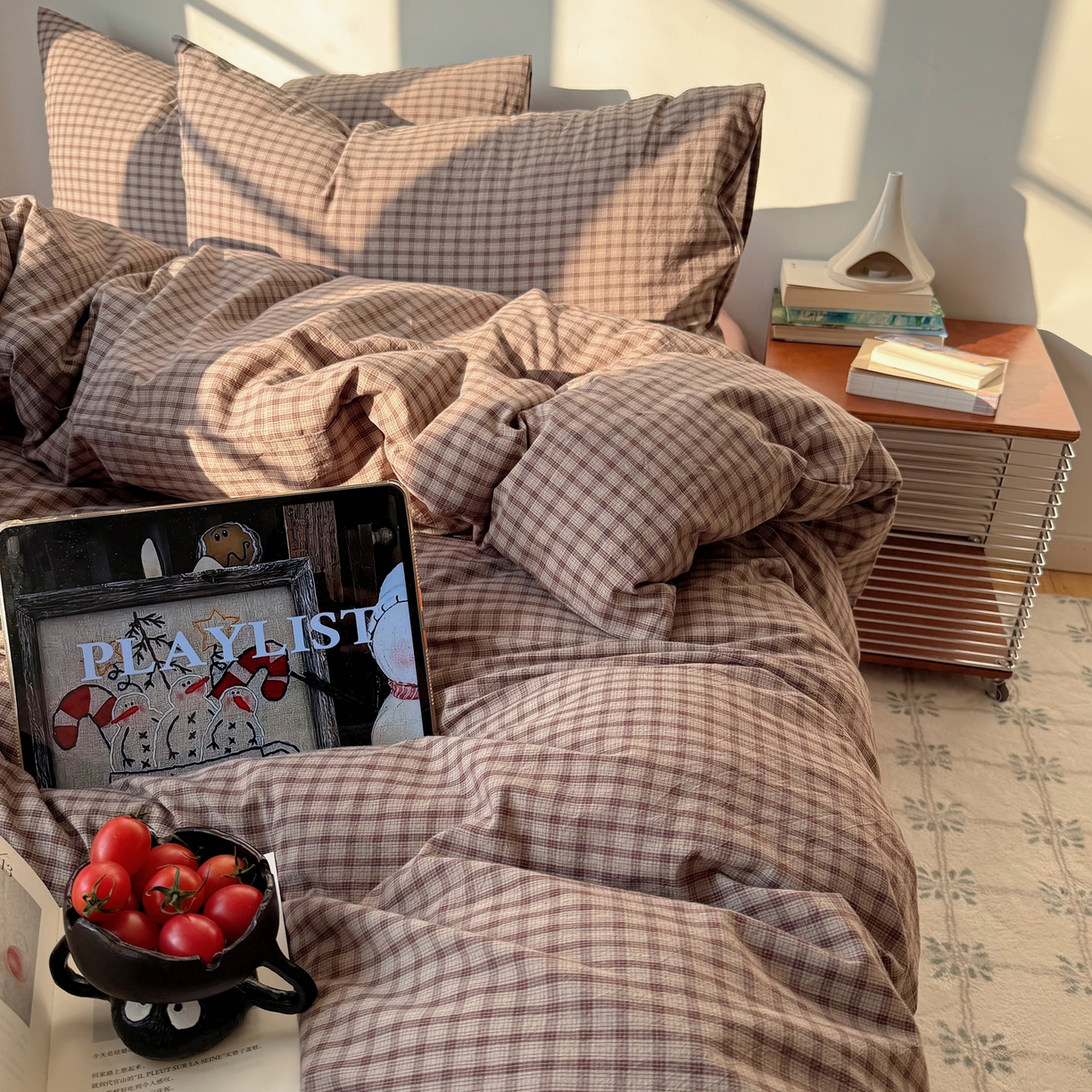 91家纺网 家纺一手货源 找家纺 六巷胡同 2026新款INS博主风A类全棉纯棉色织水洗棉格子四件套 追光-米格