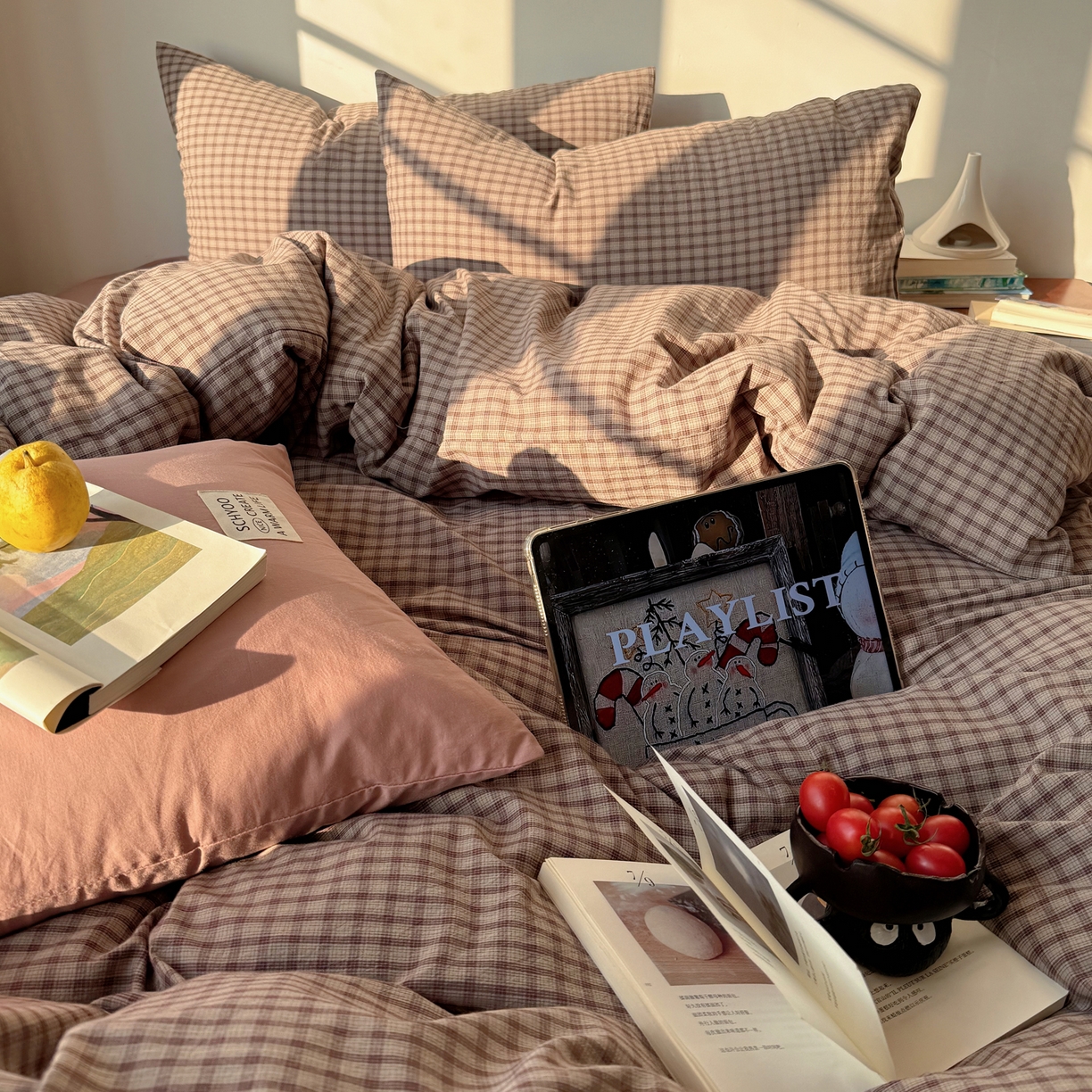 91家纺网 家纺一手货源 找家纺 六巷胡同 2026新款INS博主风A类全棉纯棉色织水洗棉格子四件套 追光-米格