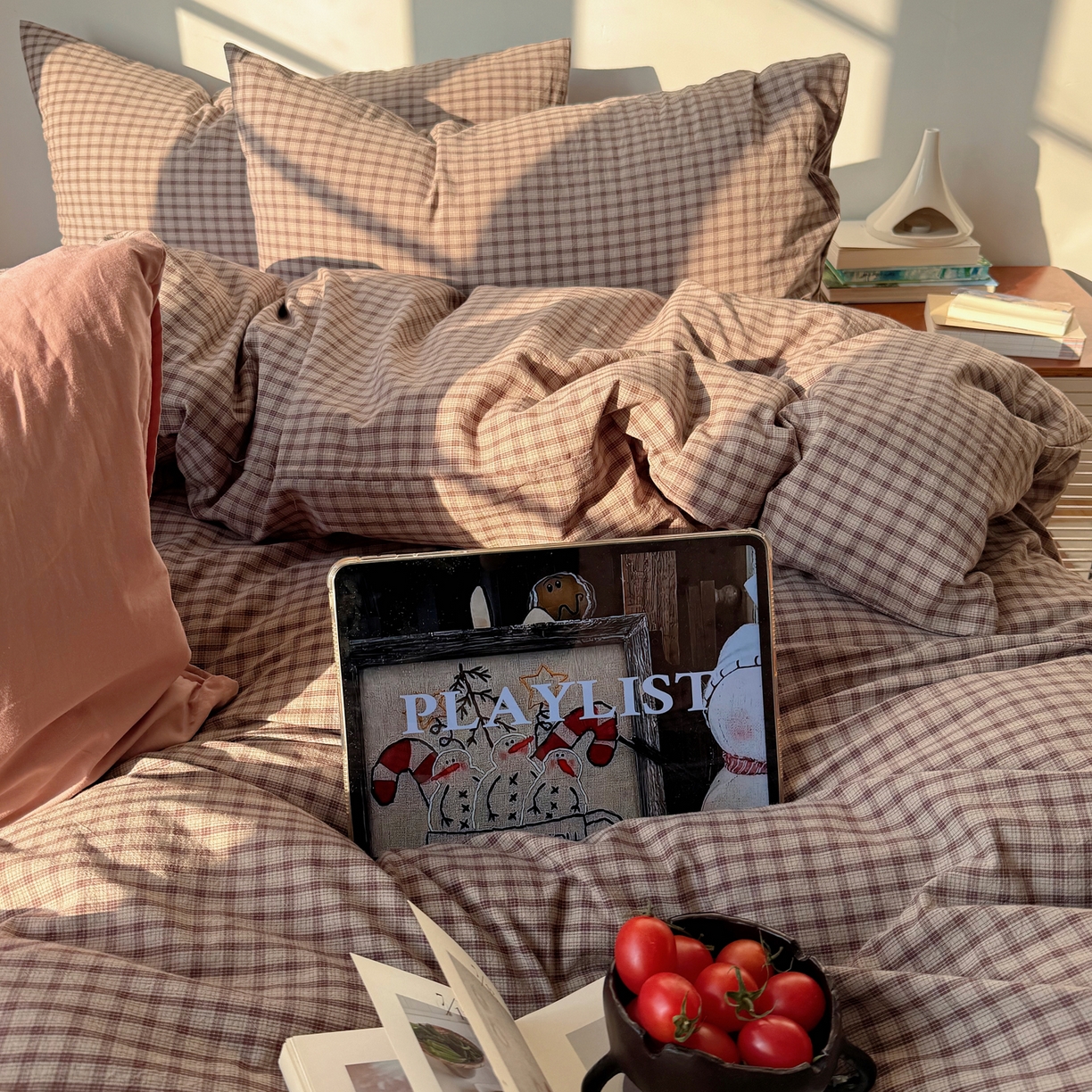 91家纺网 家纺一手货源 找家纺 六巷胡同 2026新款INS博主风A类全棉纯棉色织水洗棉格子四件套 追光-米格