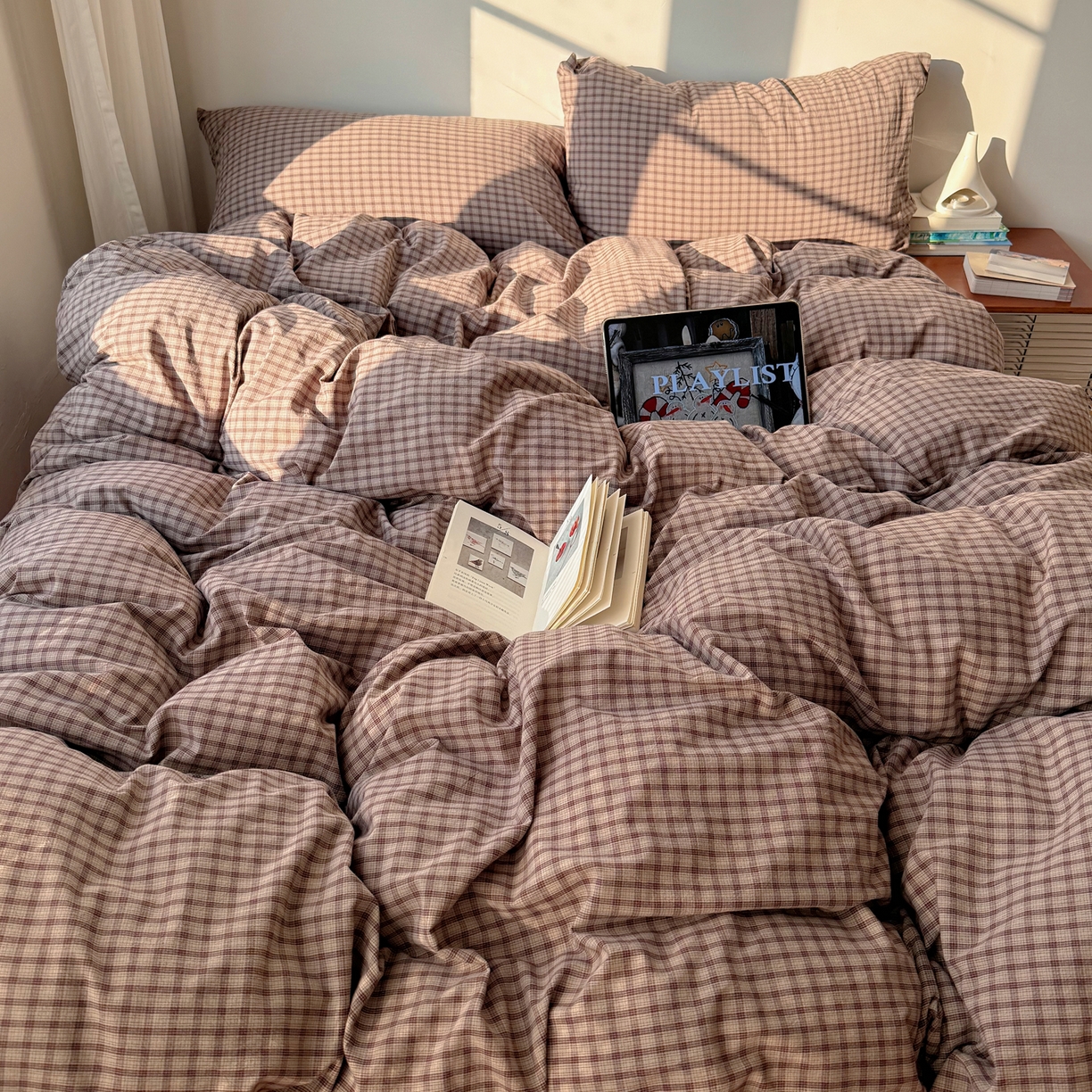 91家纺网 家纺一手货源 找家纺 六巷胡同 2026新款INS博主风A类全棉纯棉色织水洗棉格子四件套 追光-米格