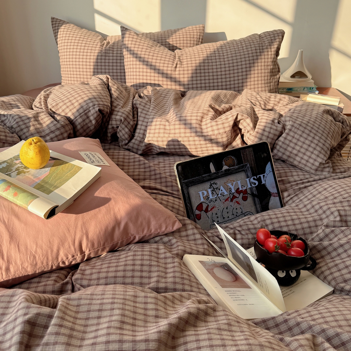 91家纺网 家纺一手货源 找家纺 六巷胡同 2026新款INS博主风A类全棉纯棉色织水洗棉格子四件套 追光-米格