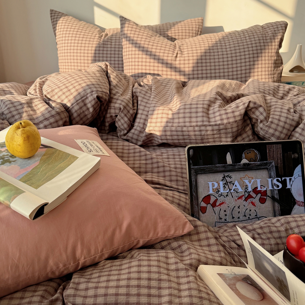 91家纺网 家纺一手货源 找家纺 六巷胡同 2026新款INS博主风A类全棉纯棉色织水洗棉格子四件套 追光-米格