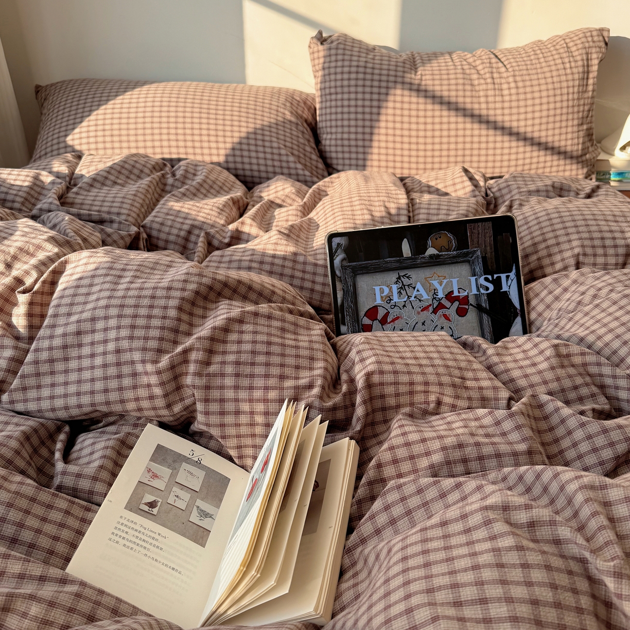 91家纺网 家纺一手货源 找家纺 六巷胡同 2026新款INS博主风A类全棉纯棉色织水洗棉格子四件套 追光-米格