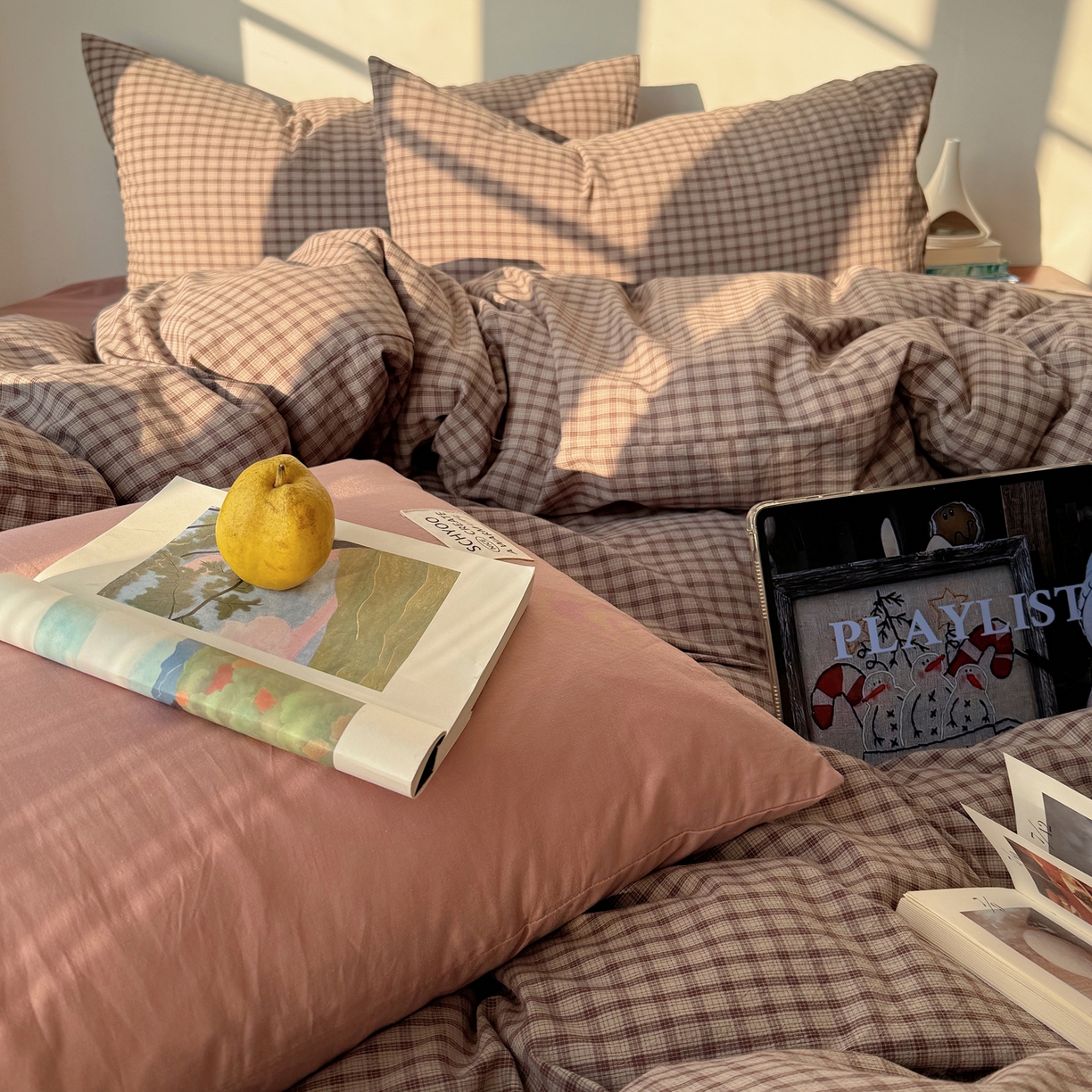 91家纺网 家纺一手货源 找家纺 六巷胡同 2026新款INS博主风A类全棉纯棉色织水洗棉格子四件套 追光-米格