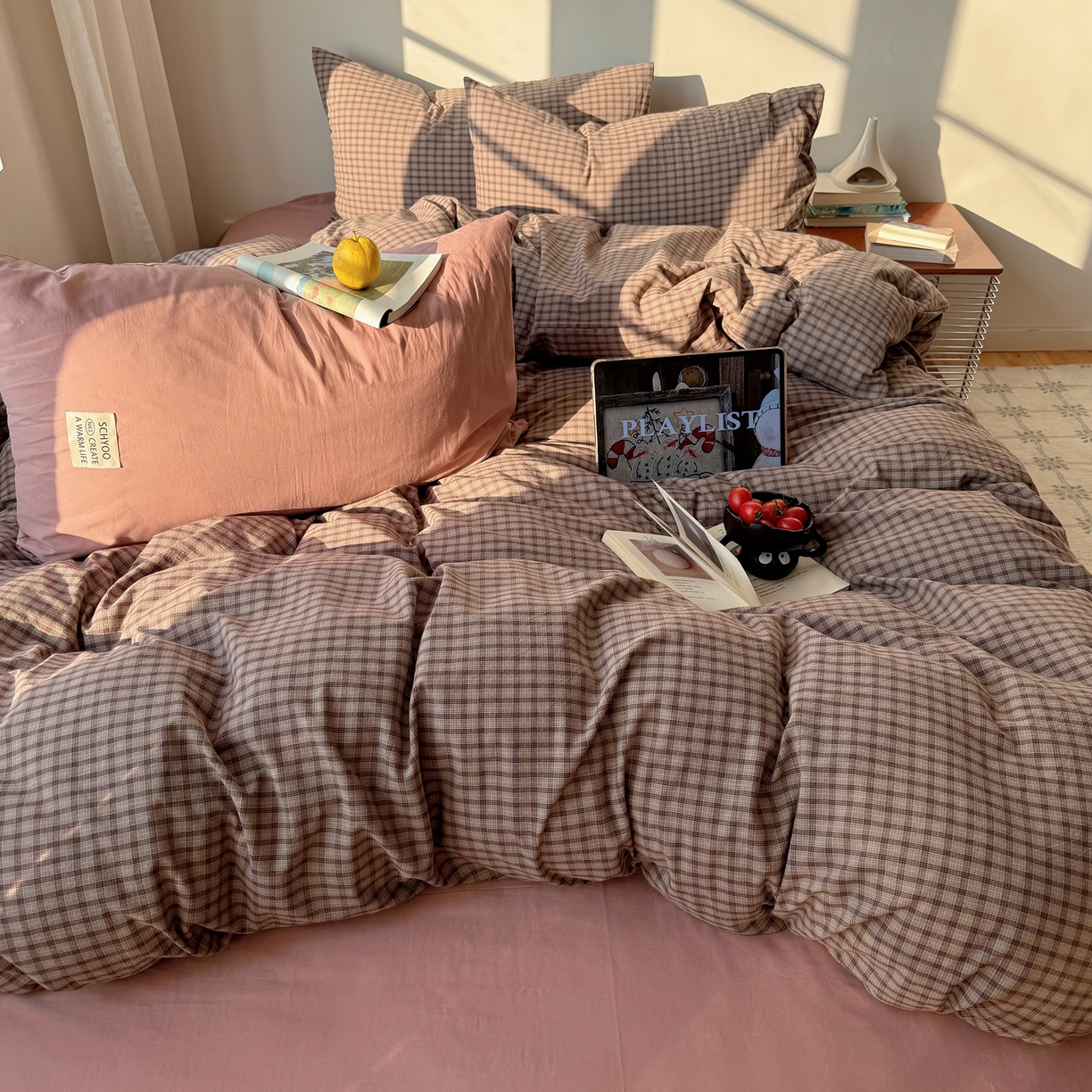 91家纺网 家纺一手货源 找家纺 六巷胡同 2026新款INS博主风A类全棉纯棉色织水洗棉格子四件套 追光-米格