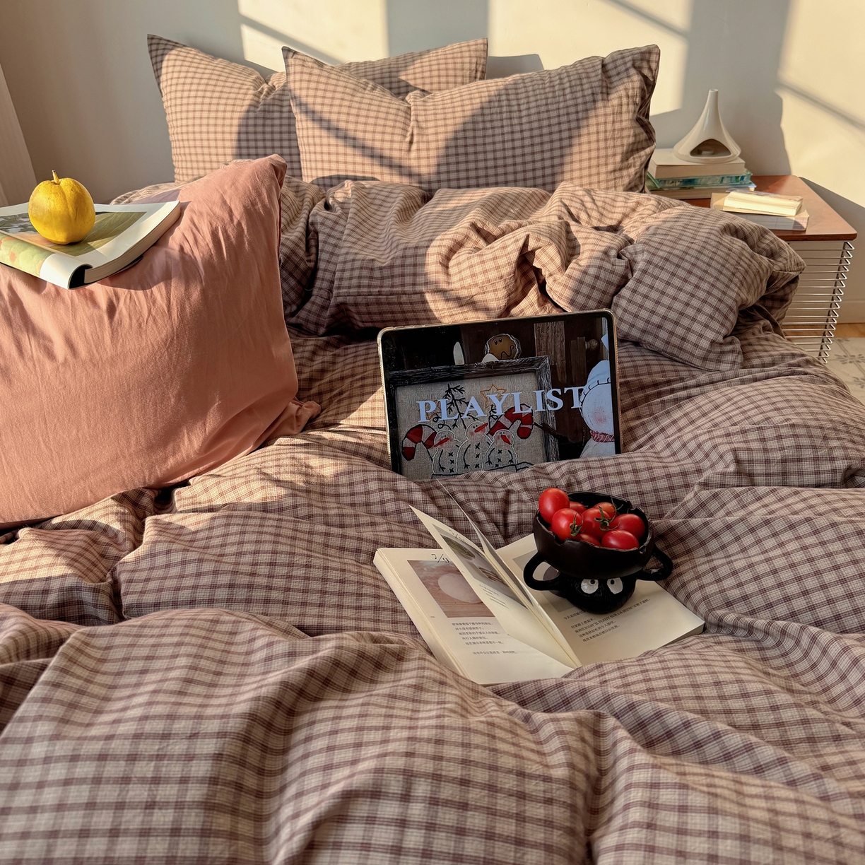 91家纺网 家纺一手货源 找家纺 六巷胡同 2026新款INS博主风A类全棉纯棉色织水洗棉格子四件套 追光-米格