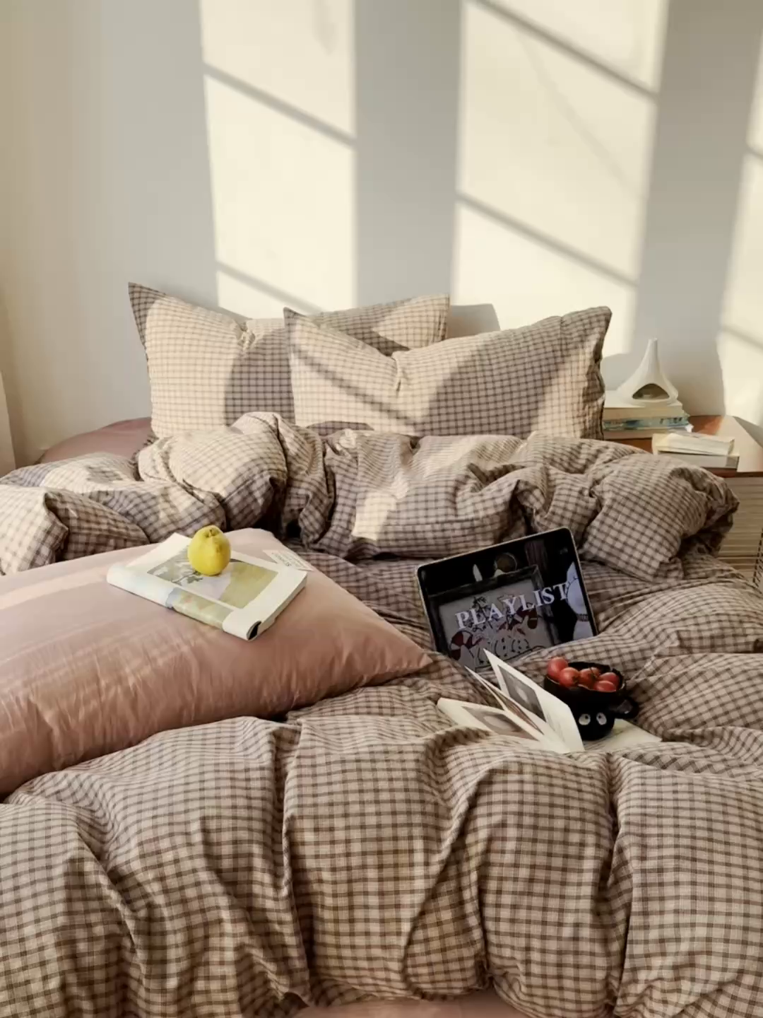 91家纺网 家纺一手货源 找家纺 六巷胡同 2026新款INS博主风A类全棉纯棉色织水洗棉格子四件套 追光-米格