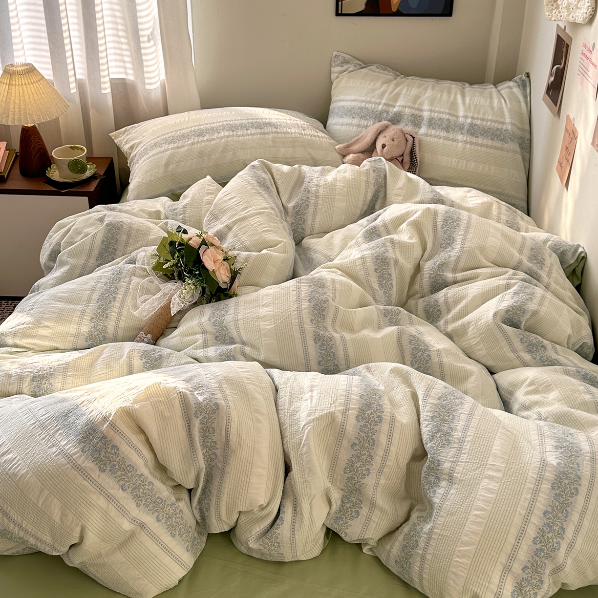 91家纺网 家纺一手货源 找家纺 艾咪-Amy ntmy 2026新款全棉纯棉色织提花四件套-花蔓 蓝楹绿藤