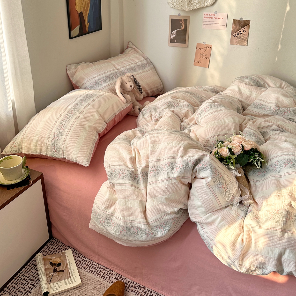 91家纺网 家纺一手货源 找家纺 艾咪-Amy ntmy 2026新款全棉纯棉色织提花四件套-花蔓 花蔓粉薇