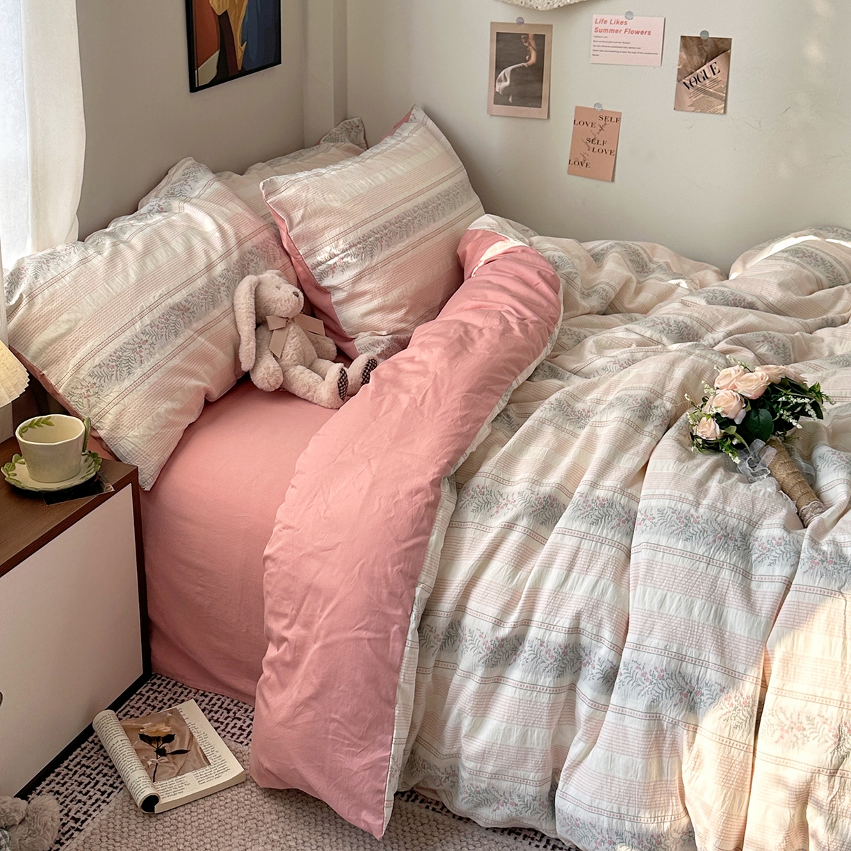 91家纺网 家纺一手货源 找家纺 艾咪-Amy ntmy 2026新款全棉纯棉色织提花四件套-花蔓 花蔓粉薇