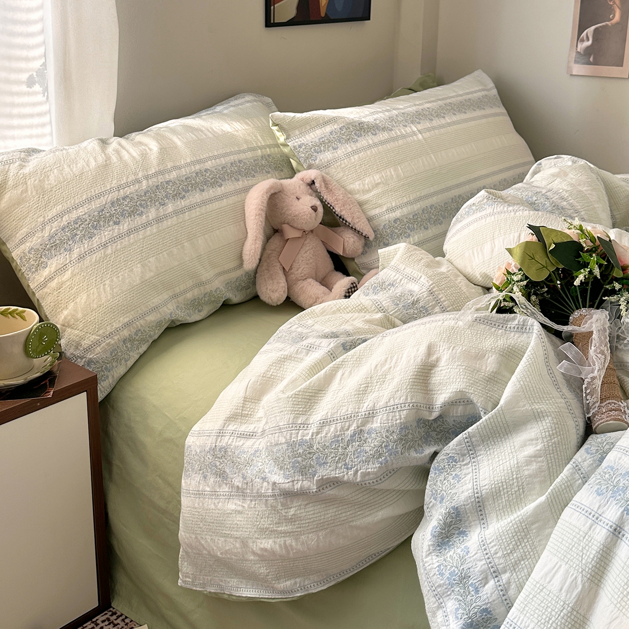 91家纺网 家纺一手货源 找家纺 艾咪-Amy ntmy 2026新款全棉纯棉色织提花四件套-花蔓 蓝楹绿藤