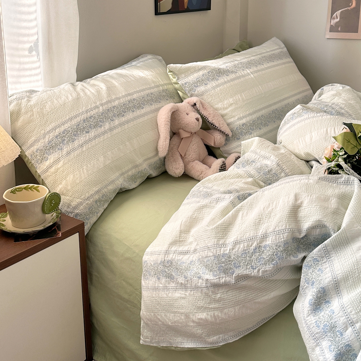 91家纺网 家纺一手货源 找家纺 艾咪-Amy ntmy 2026新款全棉纯棉色织提花四件套-花蔓 蓝楹绿藤