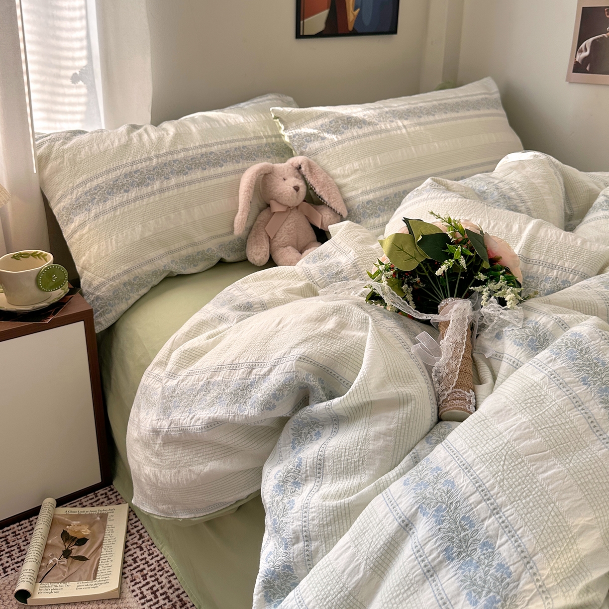 91家纺网 家纺一手货源 找家纺 艾咪-Amy ntmy 2026新款全棉纯棉色织提花四件套-花蔓 蓝楹绿藤