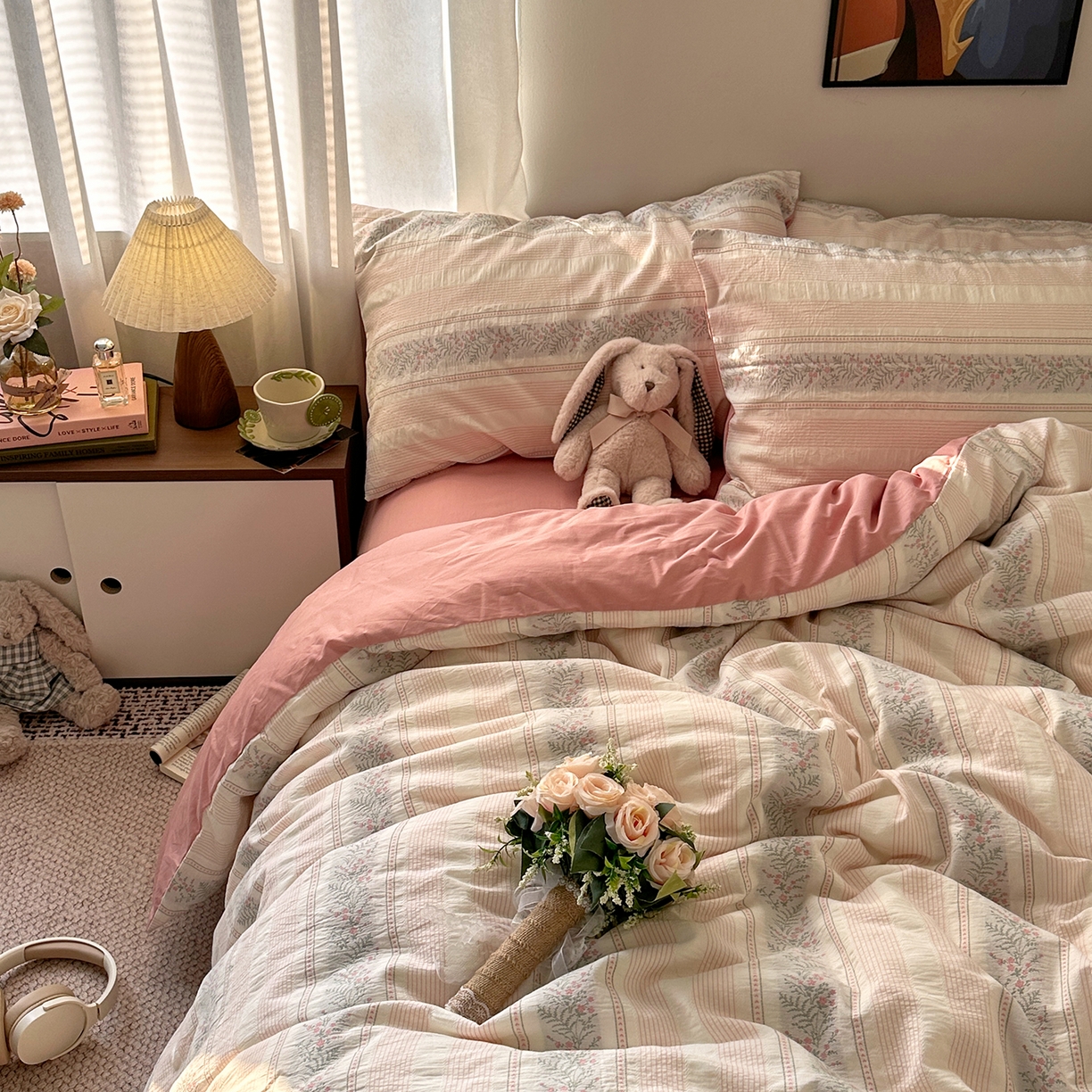 91家纺网 家纺一手货源 找家纺 艾咪-Amy ntmy 2026新款全棉纯棉色织提花四件套-花蔓 花蔓粉薇