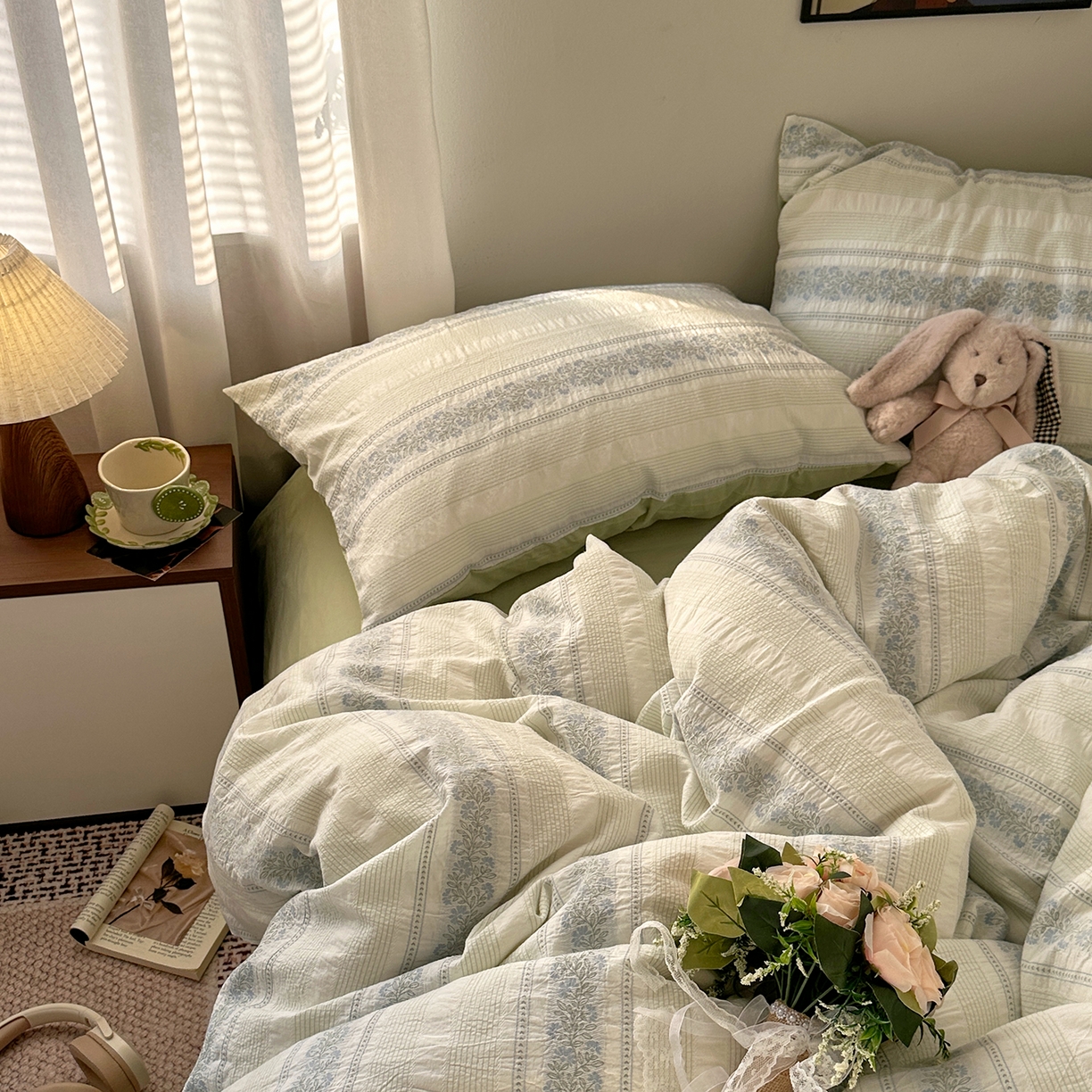 91家纺网 家纺一手货源 找家纺 艾咪-Amy ntmy 2026新款全棉纯棉色织提花四件套-花蔓 蓝楹绿藤