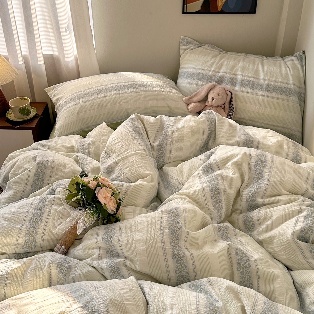 91家纺网 家纺一手货源 找家纺 艾咪-Amy ntmy 2026新款全棉纯棉色织提花四件套-花蔓 蓝楹绿藤