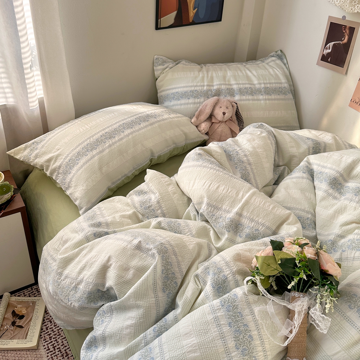 91家纺网 家纺一手货源 找家纺 艾咪-Amy ntmy 2026新款全棉纯棉色织提花四件套-花蔓 蓝楹绿藤