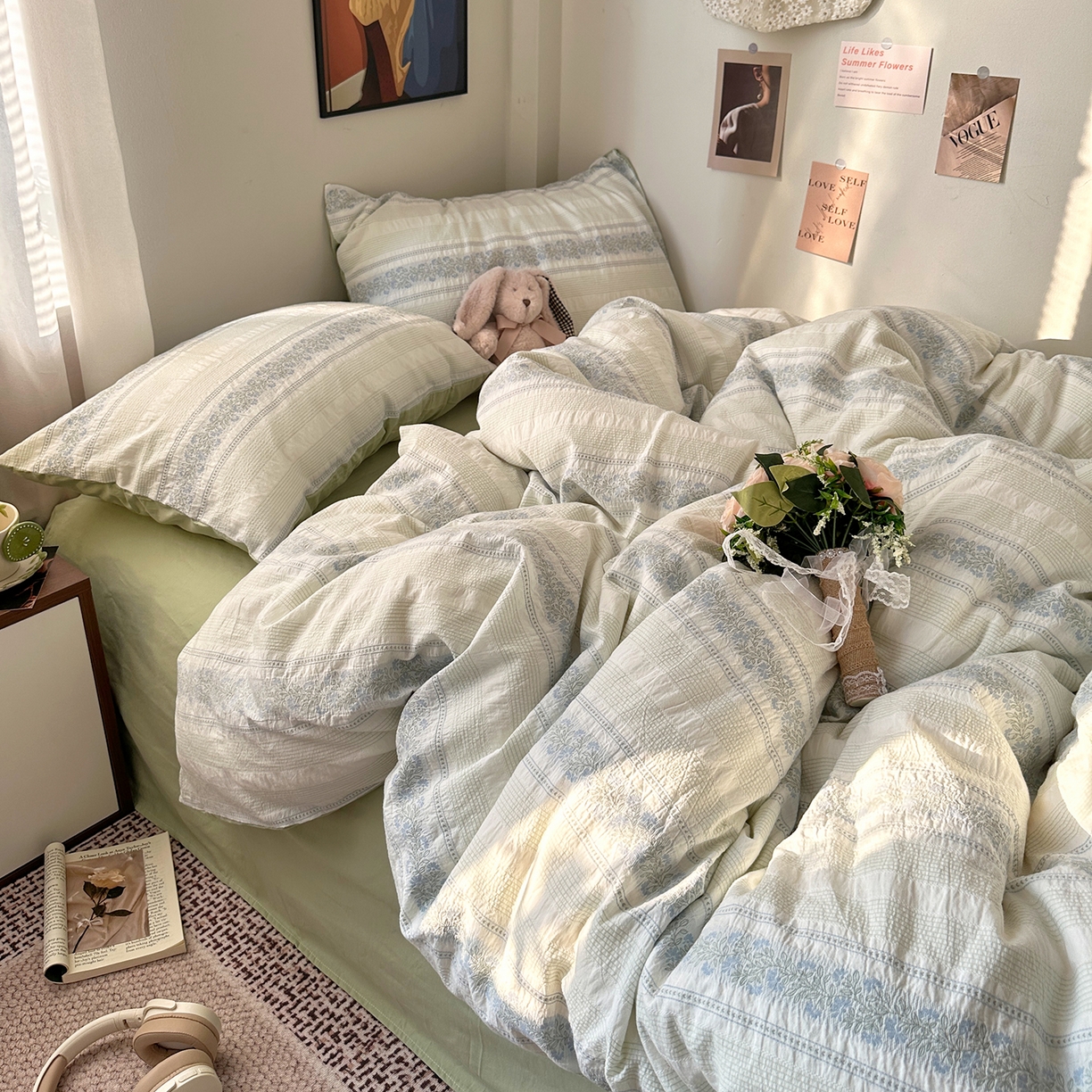 91家纺网 家纺一手货源 找家纺 艾咪-Amy ntmy 2026新款全棉纯棉色织提花四件套-花蔓 蓝楹绿藤