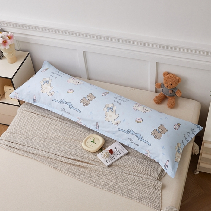 91家纺网 家纺一手货源 找家纺 翎盈家纺 2026新款小清新卡通全棉纯棉双人枕套长枕头套 奶油阿布-蓝