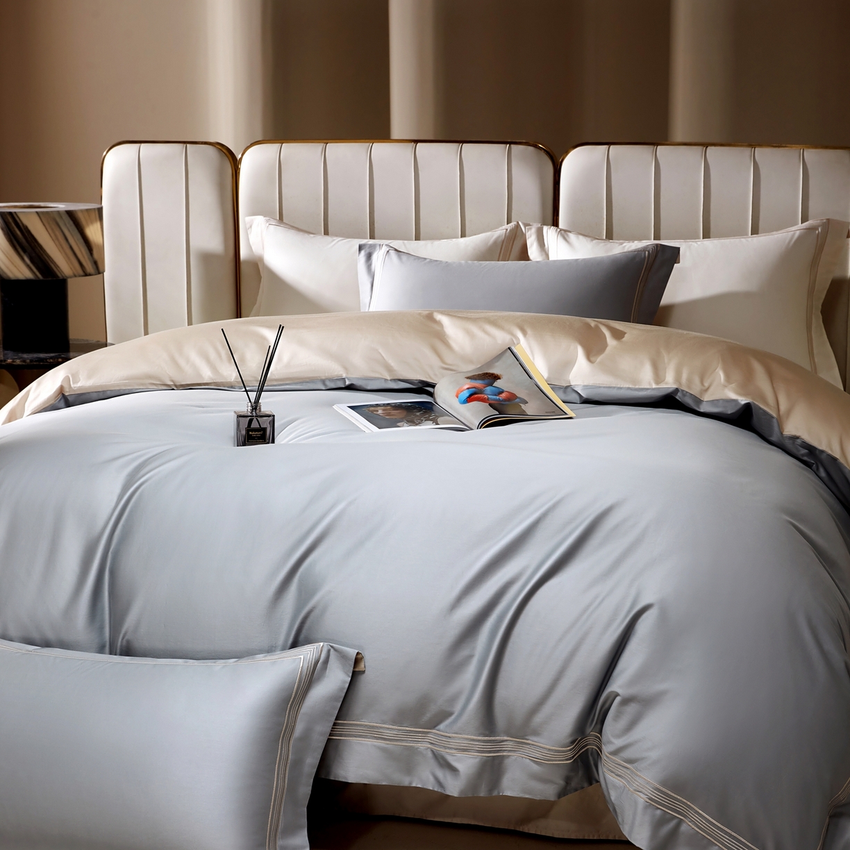 佳汐蓝家纺 2026新款新疆长绒棉全棉纯棉轻奢五线刺绣四件套 冷釉灰