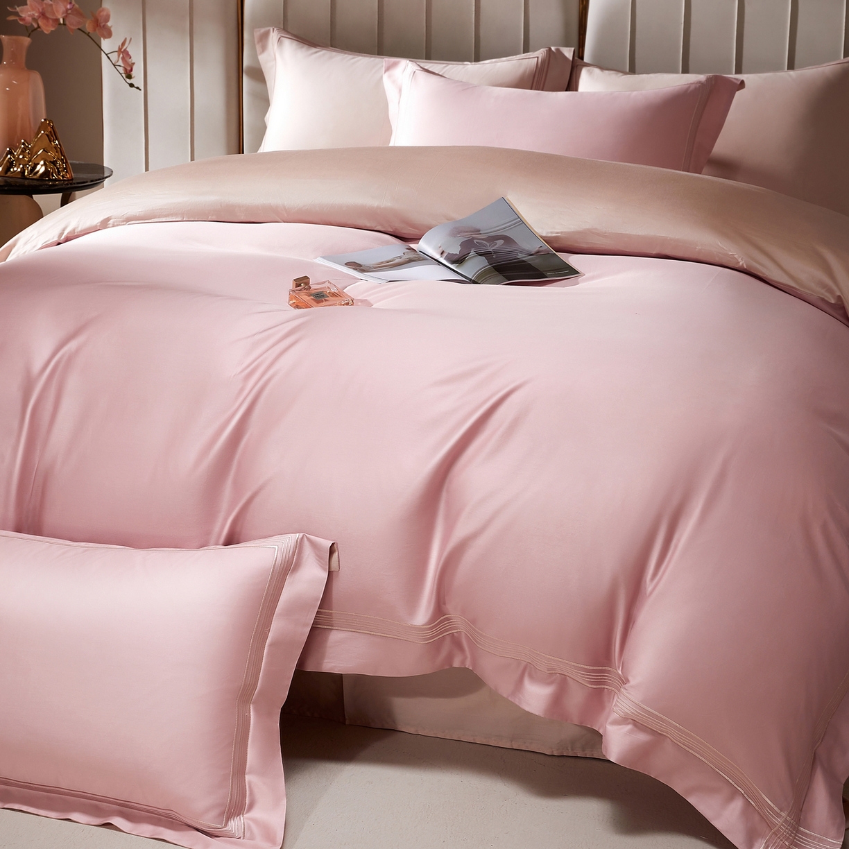 佳汐蓝家纺 2026新款新疆长绒棉全棉纯棉轻奢五线刺绣四件套 釉粉