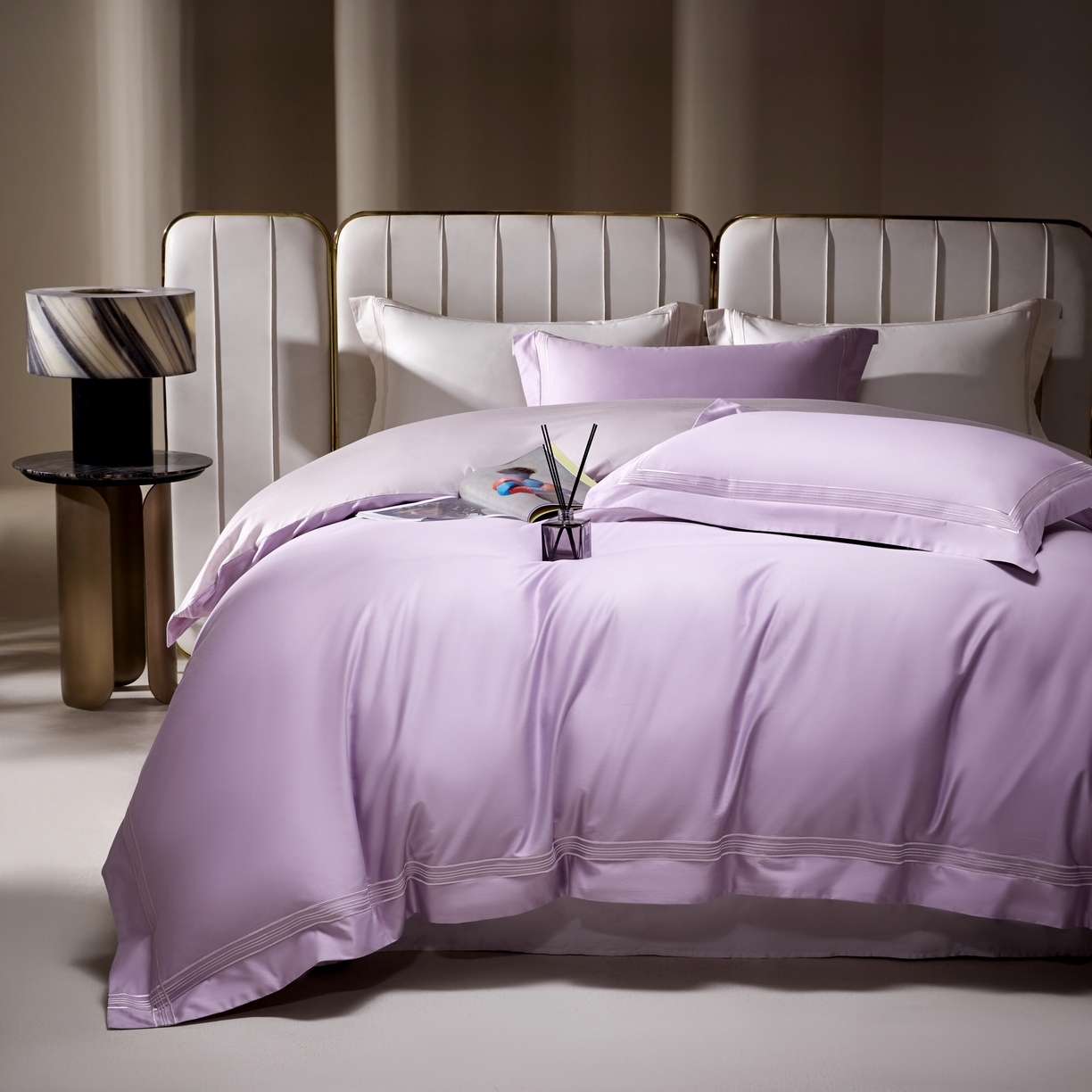 91家纺网 家纺一手货源 找家纺 佳汐蓝家纺 2026新款新疆长绒棉全棉纯棉轻奢五线刺绣四件套 薰衣紫