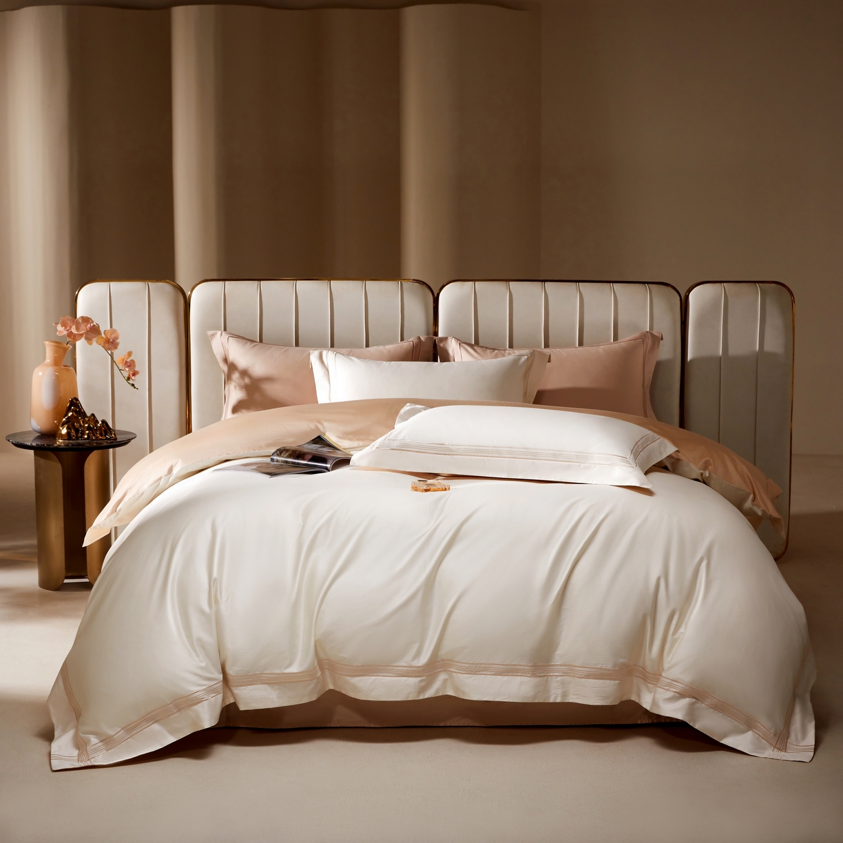 91家纺网 家纺一手货源 找家纺 佳汐蓝家纺 2026新款新疆长绒棉全棉纯棉轻奢五线刺绣四件套 初雪白