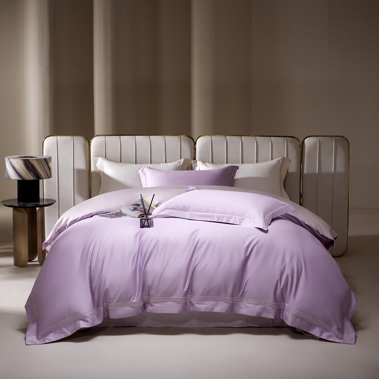 91家纺网 家纺一手货源 找家纺 佳汐蓝家纺 2026新款新疆长绒棉全棉纯棉轻奢五线刺绣四件套 薰衣紫