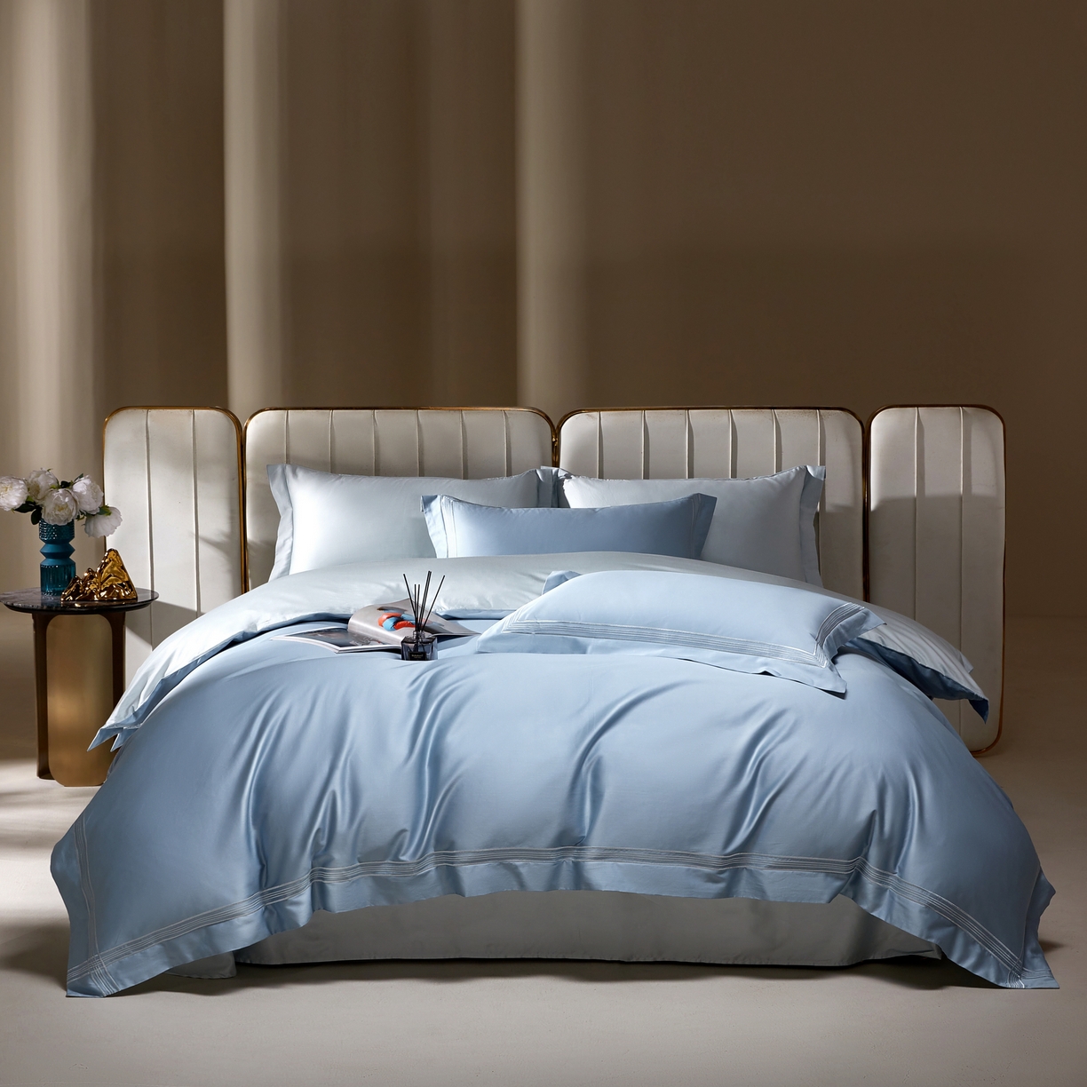 91家纺网 家纺一手货源 找家纺 佳汐蓝家纺 2026新款新疆长绒棉全棉纯棉轻奢五线刺绣四件套 汐雾蓝