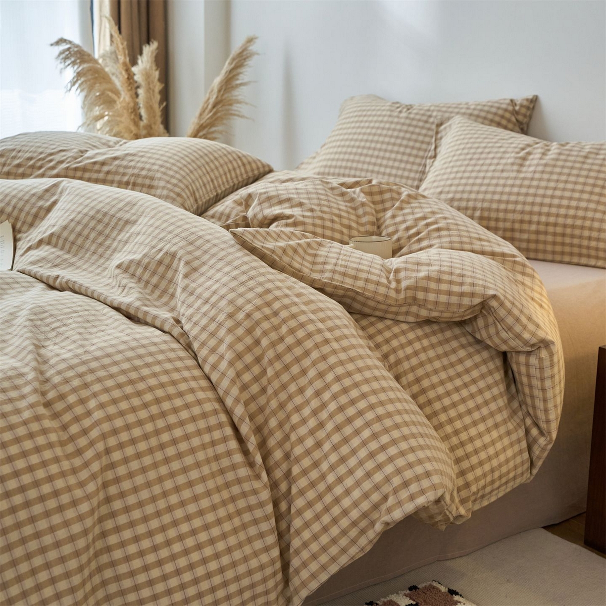 91家纺网 家纺一手货源 找家纺 兰紫橙家纺 2026新款全棉纯棉水洗棉四件套方格朵拉 方格-朵拉咖